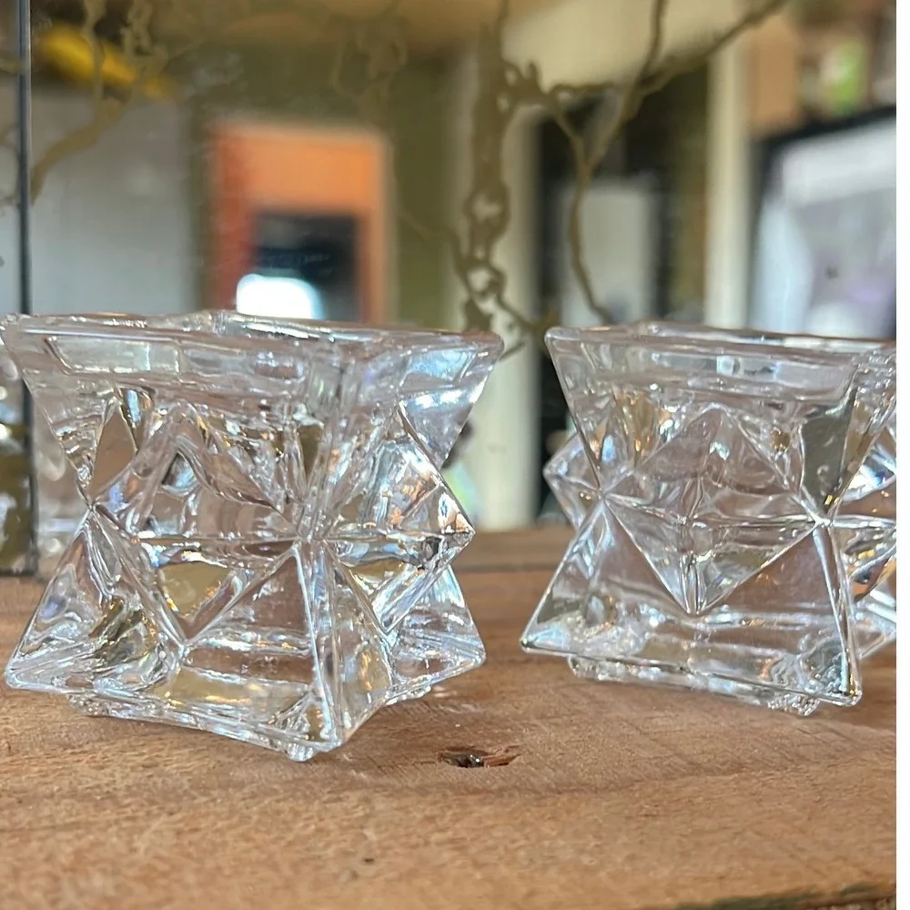 Vintage Geometric Starburst Crystal Style Candle Holder Pair 70s Space Age Decor